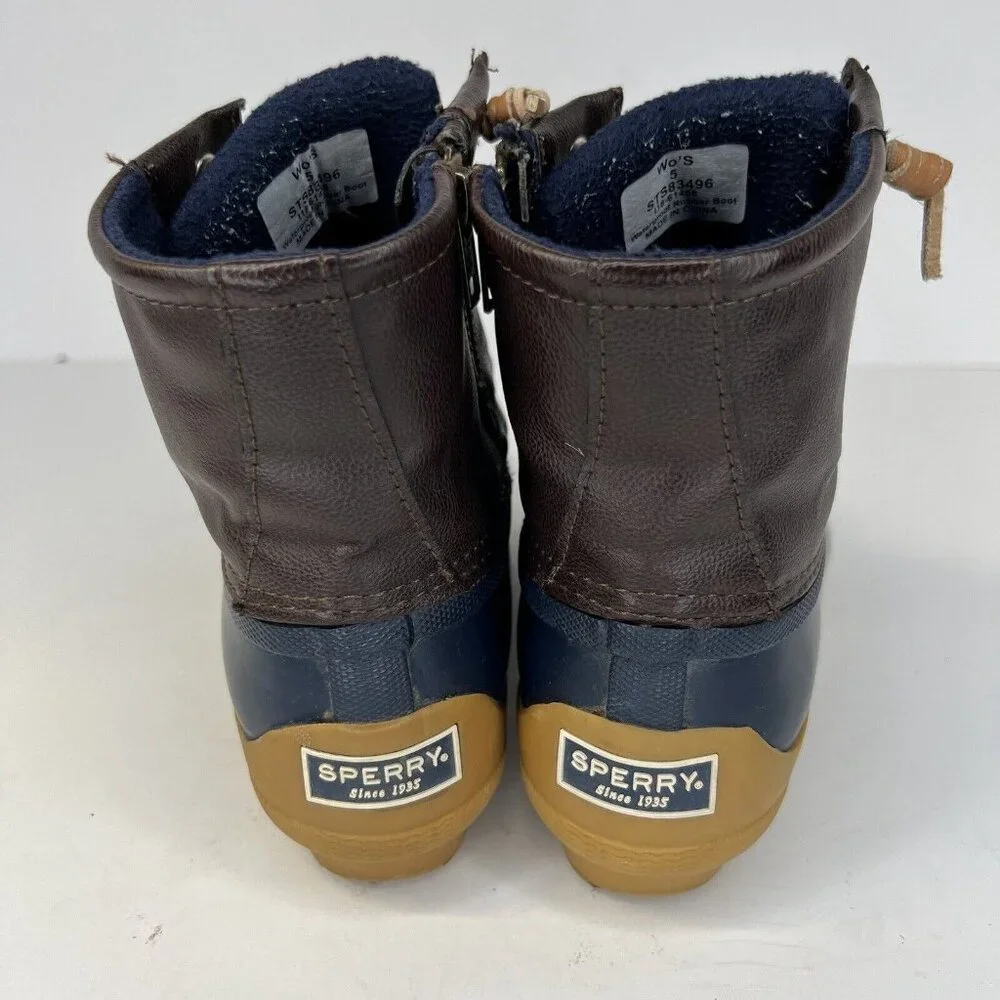 Sperry Saltwater Waterproof Leather Upper Rain Boots Womens Size 5 Brown Navy